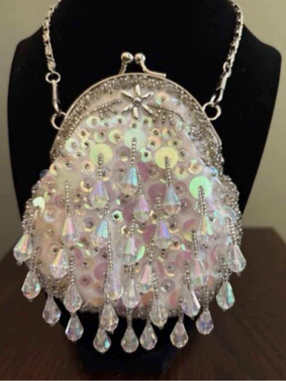 Jessica McClintock Iridescent Teardrop Sequin Pendant Necklace - Silver